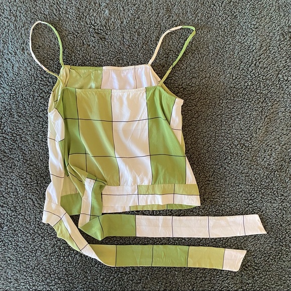 Silk Halter Crop Top Lime Green Print Plaid Summer Tube with Straps Y2K bow tie - Picture 3 of 11